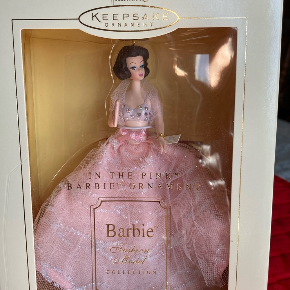 NRFB BARBIE HALLMARK KEEPSAKE ORN, appx 5 x 6” in pink gown.  $39